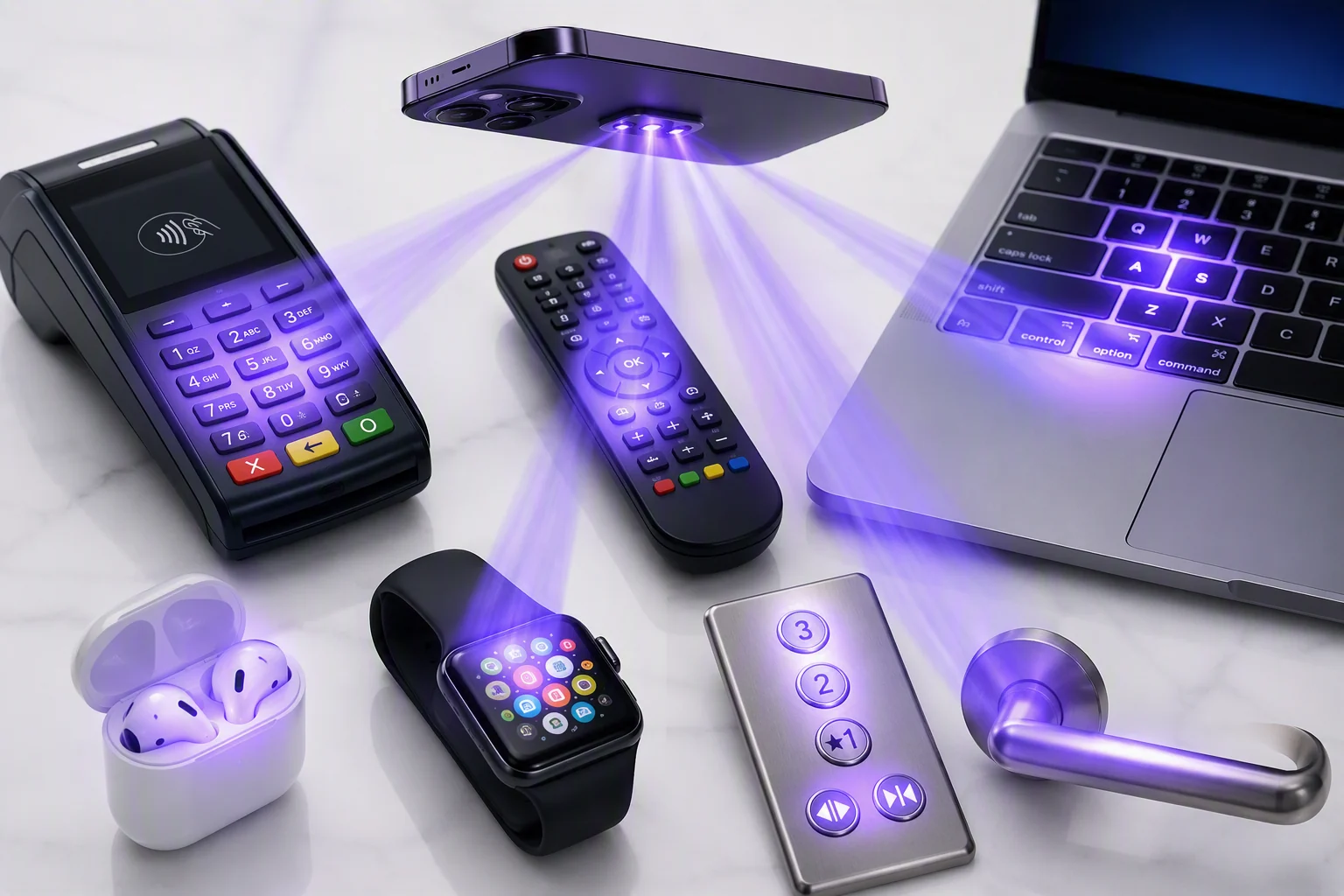 Concept visualization: a phone directing violet light at a payment terminal, remote control, laptop keyboard, door handle, elevator buttons, earbuds and a smartwatch