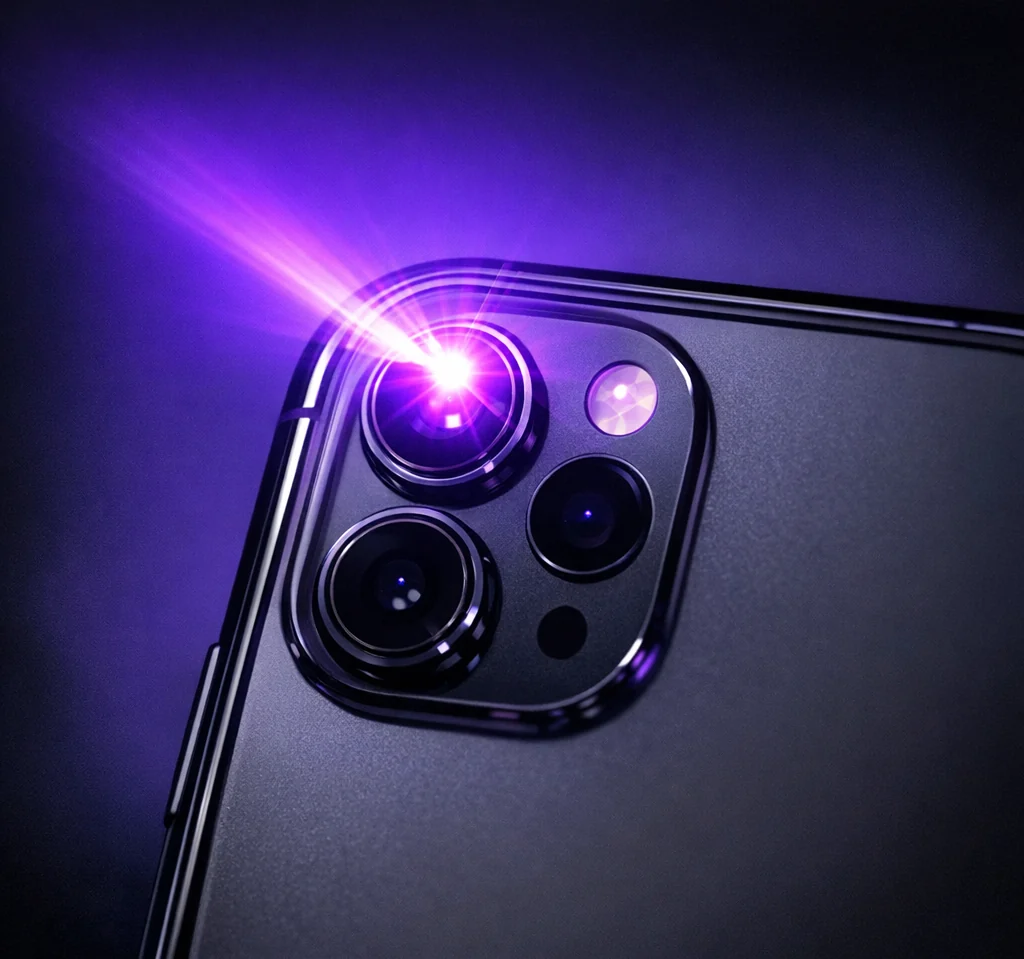 Concept visualization: close-up of a smartphone camera module emitting a violet beam