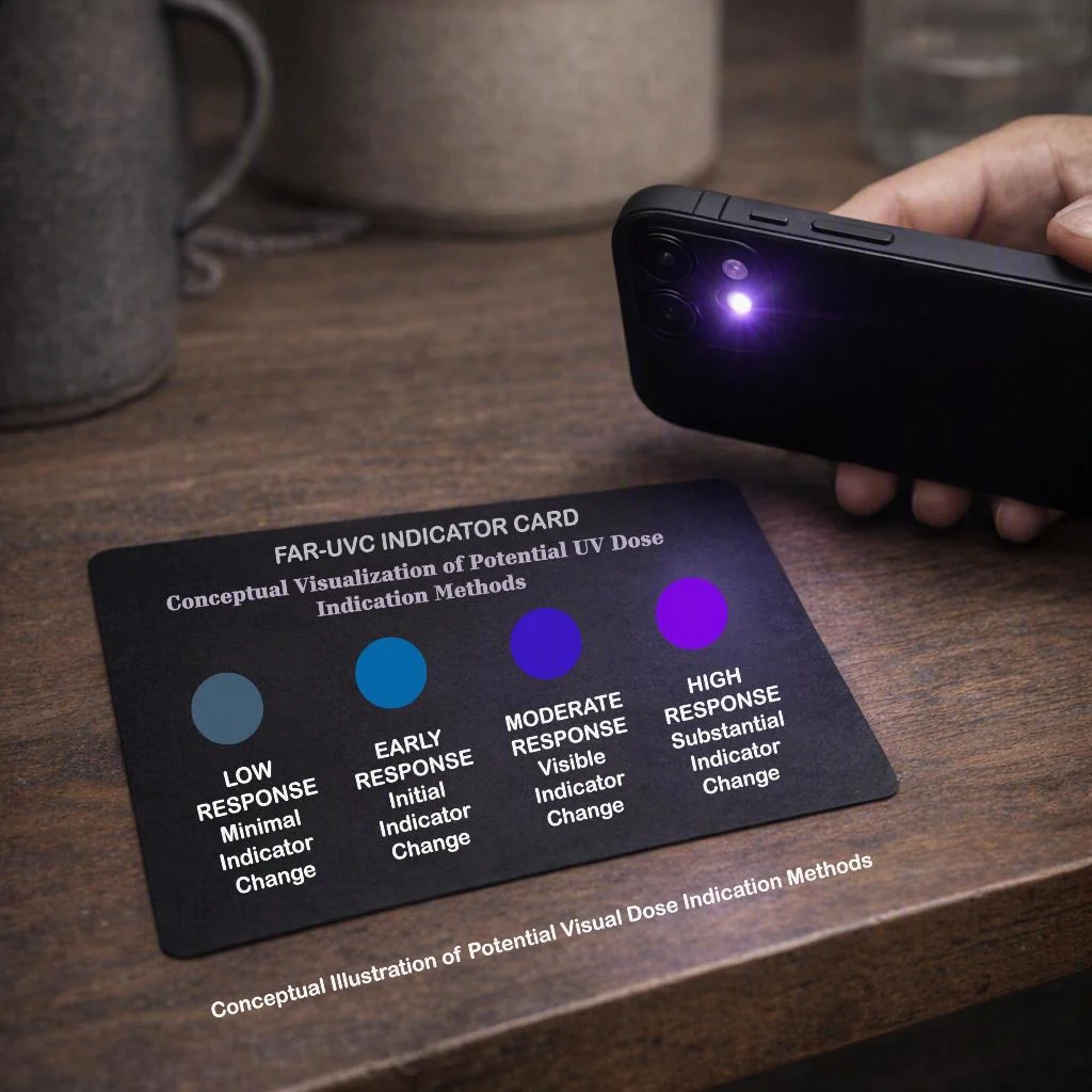 Concept visualization of a Far-UVC indicator card on a table, with four dots showing low, early, moderate and high response, and a phone shining violet light toward it